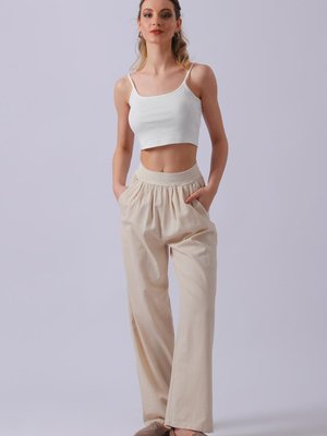 Taş Beli Lastikli Cepli Keten Pantolon Taş Beli Lastikli Cepli Keten Pantolon