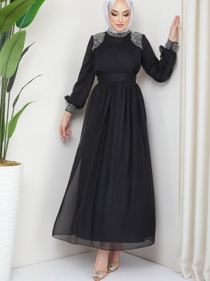 Kruvaze Pilise, Omzu Taşlı Janjan Şifon Abiye Elbise Siyah