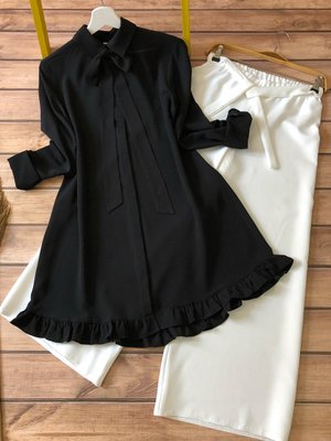 Kombin Kurdela Fırfır Detaylı Tunik Ve Pantolon Siyah