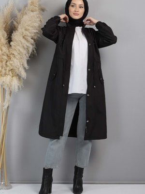 Beli Bağcıklı Fermuarlı Trençkot Siyah