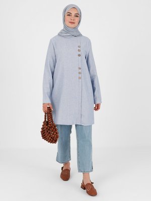 İndigo Naturel Kumaş Düğme Detaylı Çizgili Tunik İndigo Naturel Kumaş Düğme Detaylı Çizgili Tunik