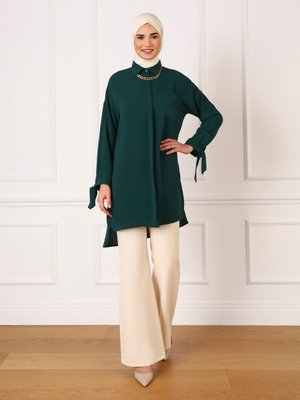 Bağlama Detaylı Arkası Uzun Tunik Zümrüt
