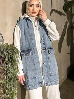 Açık Buz Mavi Kar Yıkama Geniş Cep Kot Yelek Oversize