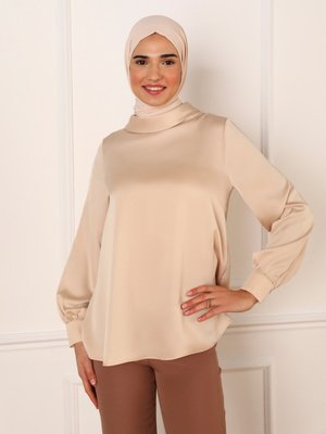 Koyu Sarı Manşetli Balon Kollu Saten Bluz