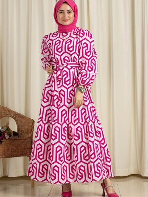 Çizgi Desenli Uzun Elbise Fuşya Çizgi Desenli Uzun Elbise Fuşya