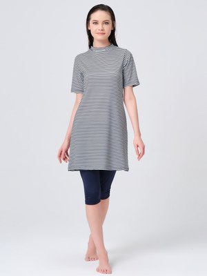 Lacivert Çizgili Yarım Kol Yarı Kapalı Mayo