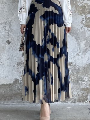 Batik Desen Astarlı Tül Etek Lacivert