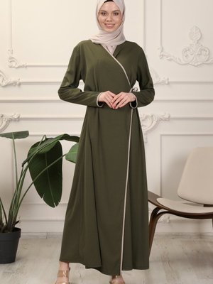 Haki Kruvaze Yaka Biyeli Esnek Interlok Kumaş Namaz Elbisesi Ferace