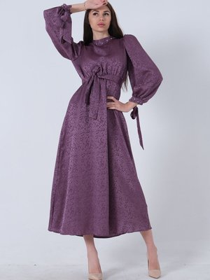 Mürdüm Kolları Ve Yakası Taş İşlemeli Beli Lastikli Abiye Elbise