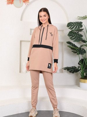 Vizon Renk Kapüşonlu Sweatshirt Eşofman Takım