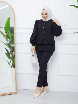 Düğme Taş Detaylı Pileli 2'li Takım