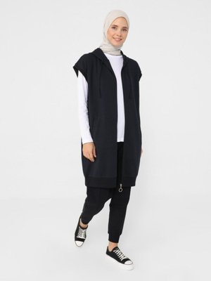 Boydan Fermuarlı Kapüşonlu Kolsuz Sweatshirt Lacivert