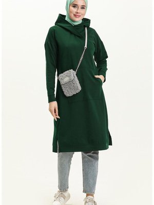 Aysima Yaka Detaylı Kapüşonlu Sade Basic Sweatshirt Zümrüt