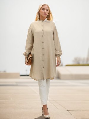 Taş Rengi Hakim Yaka Boydan Düğmeli Tunik Taş Rengi Hakim Yaka Boydan Düğmeli Tunik