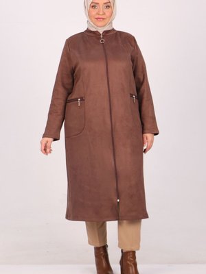 Kahverengi Büyük Beden Fermuar Detaylı Nubuk Kap