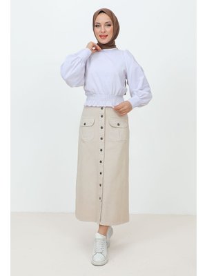 Bej Boydan Düğmeli Cepli Uzun Kot Etek