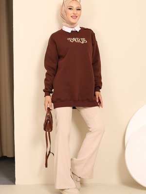 Kahverengi Üç İplik Şardonlu Paris Baskılı Sweatshirt Kahverengi Üç İplik Şardonlu Paris Baskılı Sweatshirt