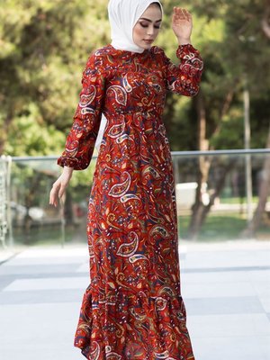 Şal Desen Dokuma Elbise Kiremit