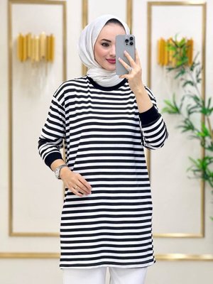 Ince Terletmeyen Kumaş Mevsimlik Çizgili Tunik