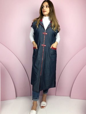 Anne Kot Kumaş Pamuklu Cepli Fermuar Kapamalı Kapüşonlu Uzun Yazlık Yelek Kap Tunik