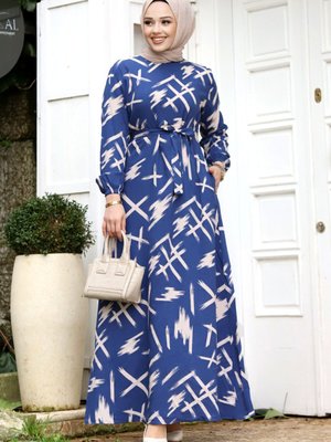 Fırça Desenli Beli Kuşaklı Elbise İndigo