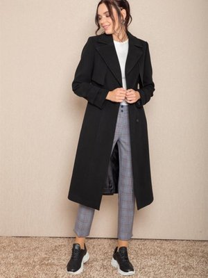 Pelerinli Kuşaklı Çıtçıt Kapamalı Kaban Siyah