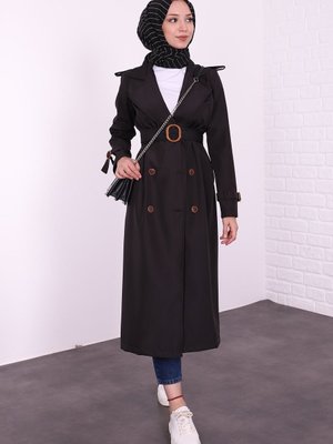 Manşet Kuşak Detaylı Trençkot Siyah