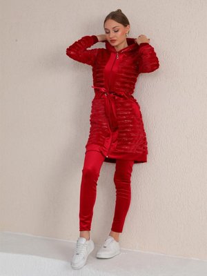 Kırmızı Kadife Peluş Kombinli Kapüşonlu Tunik Taytlı Eşofman Takım