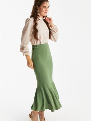 Balık Kesim Lastik Detaylı Yeşil Etek