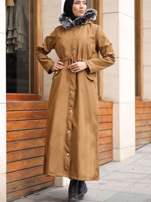 Kürklü Içi Polar Uzun Kaban Kahverengi