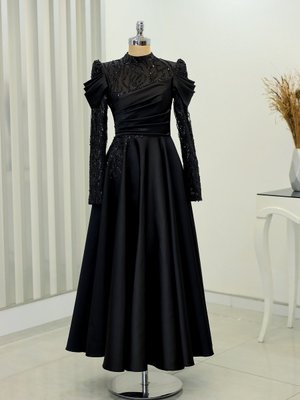 Boncuklu Aplik İşlemeli Kolu Ve Önü Drape Detaylı Daire Etek Midi Boy Endam Abiye Elbise Siyah