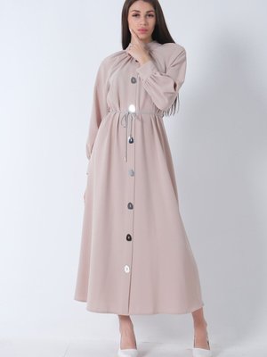 Bej Ayna Düğmeli Kemerli Elbise Bej Ayna Düğmeli Kemerli Elbise