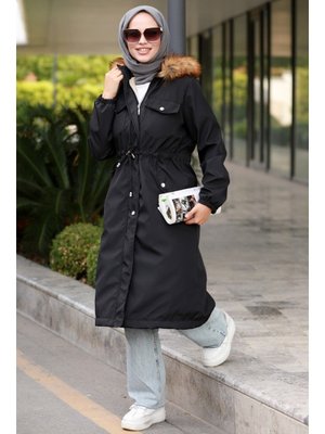 Siyah Leon Seyyar Kapüşonlu Mont