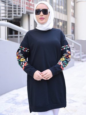 Kolları Çiçek Desenli Sweatshirt Siyah