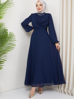 Ariyana Şal Yaka Abiye Elbise Lacivert