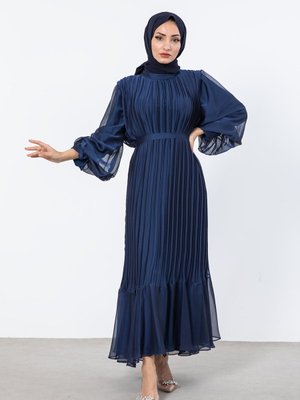 Sık Pileli Balon Kol Elbise Lacivert Sık Pileli Balon Kol Elbise Lacivert