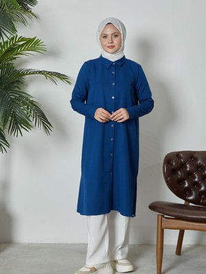 Dabıl Kumaş Gömlek Yaka Boydan Düğmeli Kolu Manşetli Uzun Tunik