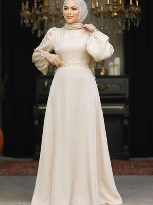 Boncuk Detaylı Bej Abiye Elbise Boncuk Detaylı Bej Abiye Elbise