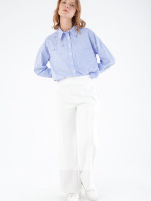 Beyaz Çimalı Bol Paça Scuba Pantolon