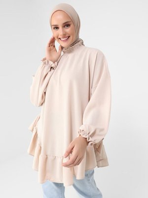 Volan Detaylı Aerobin Tunik Bej