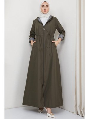 Haki Kapüşonlu Çizgili Uzun Trençkot Haki Kapüşonlu Çizgili Uzun Trençkot