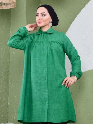 Önü Büzgülü Kolu Lastikli İthal Keten Tunik Gömlek