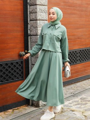 Çift Cepli Etekli Scuba Krep Takım Mint