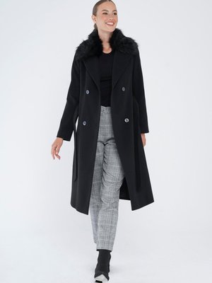 Çıkabilir Kürklü Belden Bağlamalı Kruvaze Kaban Siyah