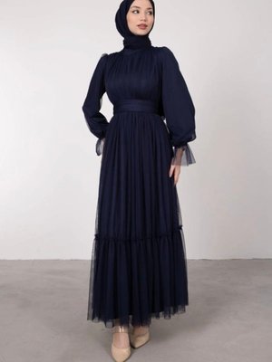 Boydan Tül Kat Fırfırlı Abiye Elbise