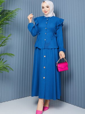 İndigo Kol Bel Detaylı Bluz Etek Bürümcük Takım