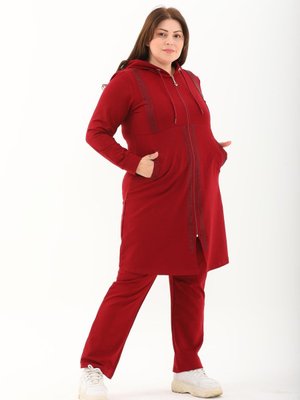 Bordo Taş Detaylı Fermuarlı Kapüşonlu Battal Eşofman Takım