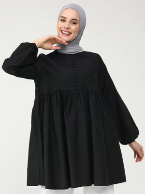 Brit Düğme Detaylı Robadan Genişleyen Tunik Siyah