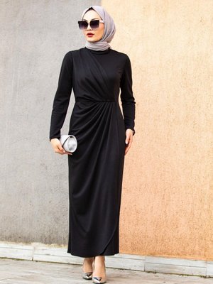 Bel Drape Pileli Özel Gün Elbisesi Siyah