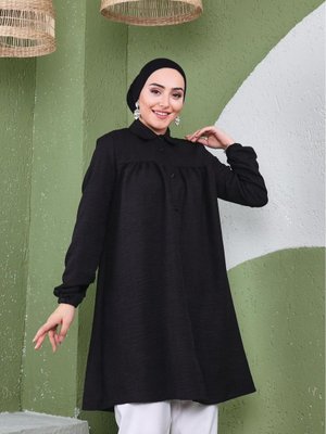 Önü Büzgülü Kolu Lastikli İthal Keten Tunik Gömlek